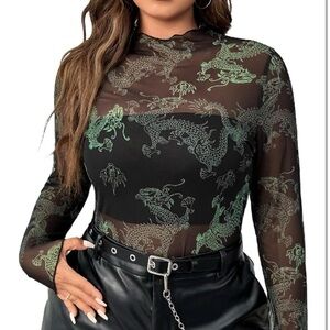 SHEIN Black Mesh Top with Green Dragon Design